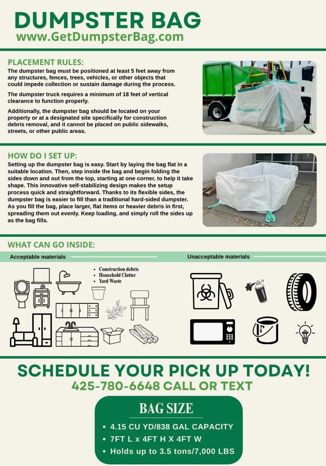 Dumpster Bag Information Flyer: Placement Rules, Setup Instructions, Acceptable Materials, and Bag Specifications